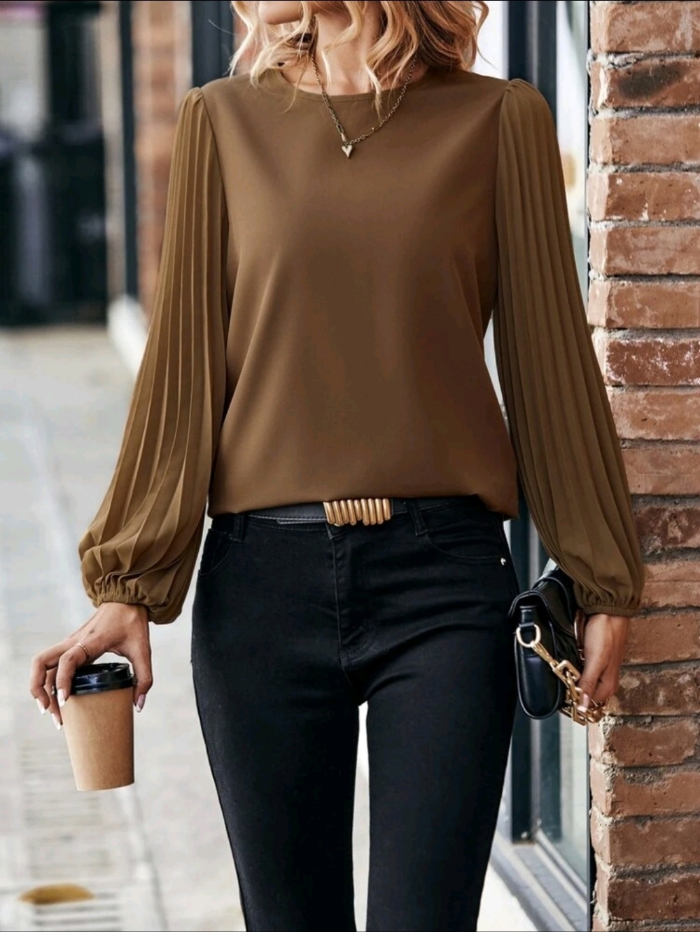 Brown pleated sleeve top